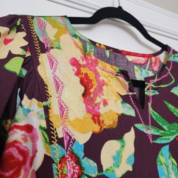 Boutique Purple Floral Embroidered Multicolor Women's Puff Sleeve Top XL - Picture 3 of 13